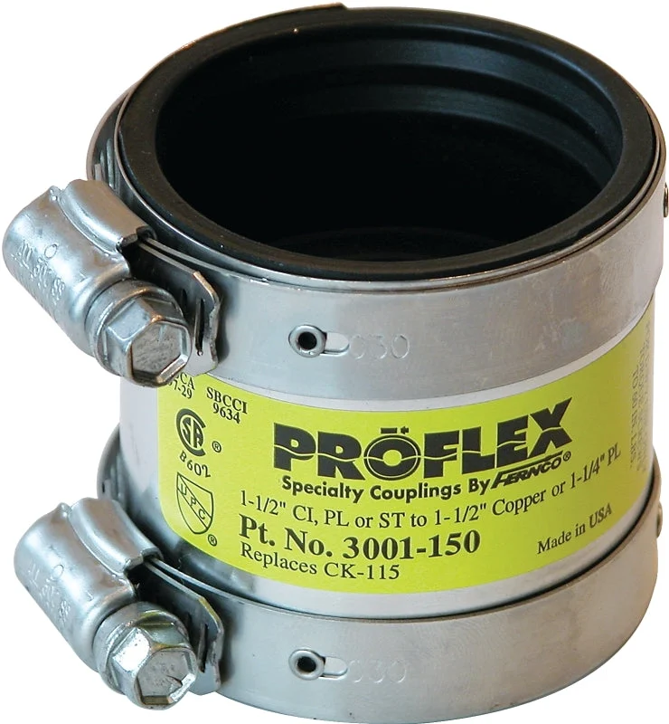 Fernco P3001-150 Transition Shielded Coupling, 1-1/2 x 1-1/2, 1-1/4 in, PVC, SCH 40 Schedule, 4.3 psi Pressure