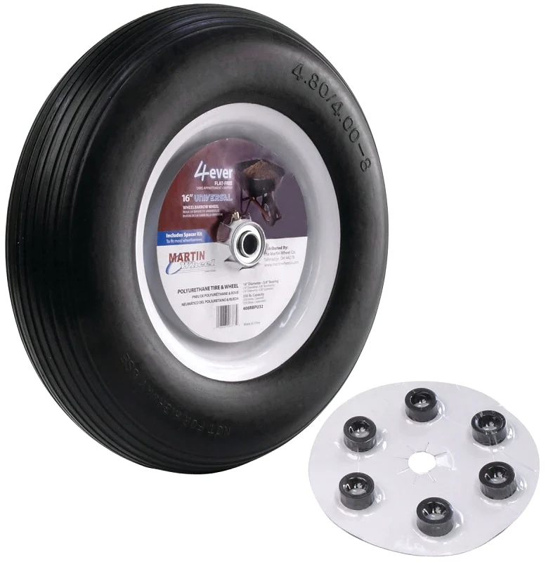 MARTIN Wheel 408RBPU32 Wheelbarrow Wheel with Universal Hub, 4.8 x 4/8 in Tire, 16 in Dia Tire, Ribbed Tread