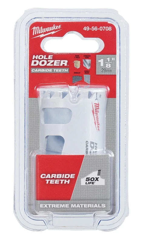 Milwaukee Hole Dozer 49-56-0708 Hole Saw, 1-1/8 in Dia, 1.62 in D Cutting, 1/2 in Arbor, 3 TPI, Carbide Cutting Edge