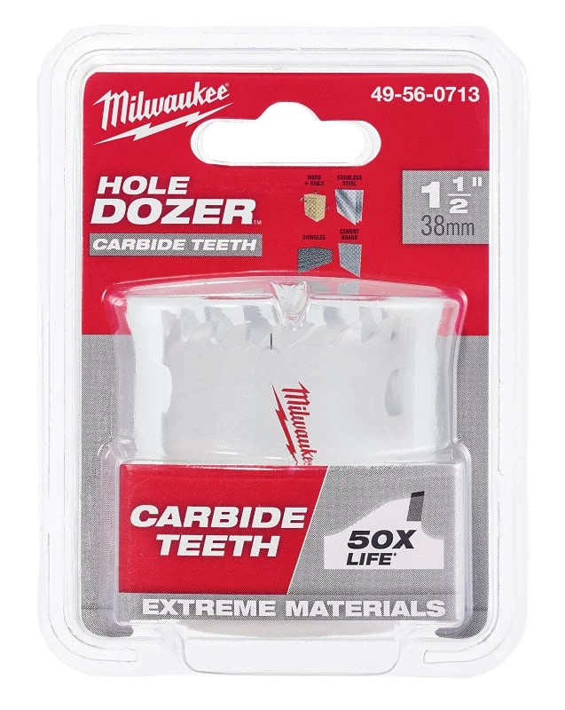 Milwaukee Hole Dozer 49-56-0713 Hole Saw, 1-1/2 in Dia, 1.62 in D Cutting, 1/2 in Arbor, 3 TPI, Carbide Cutting Edge