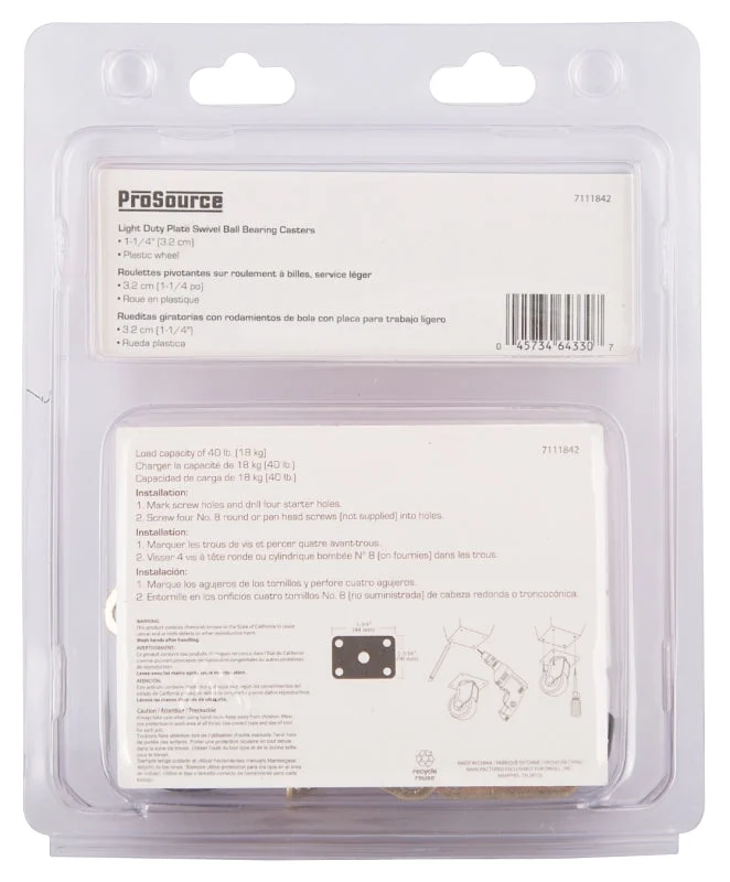 ProSource JC-B02-PS Swivel Caster, 1-1/4 in Dia Wheel, 1/2 in W Wheel, Plastic Wheel, Black, 40 lb