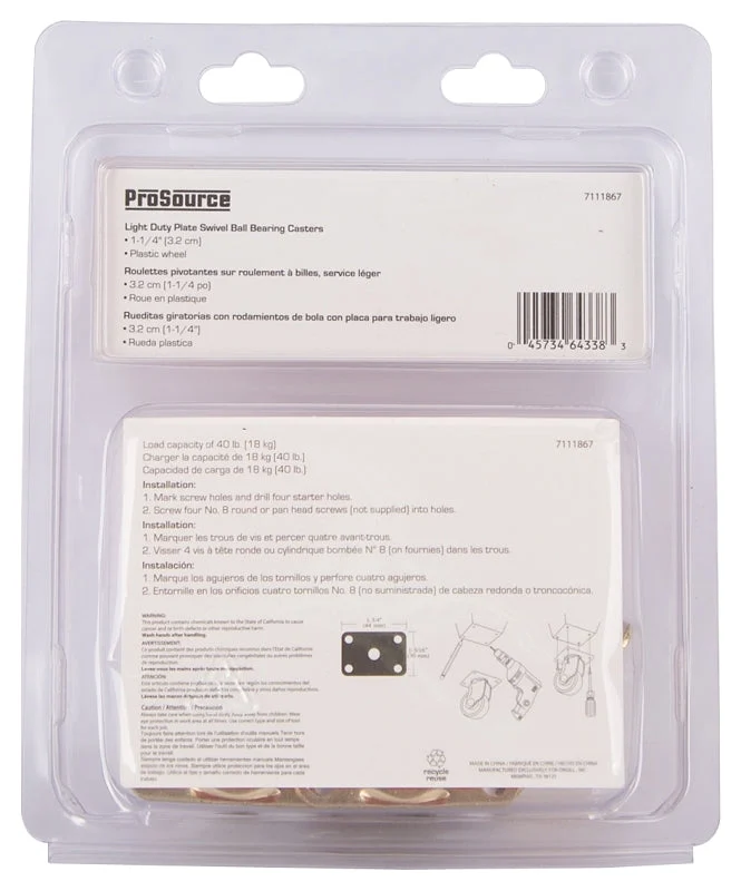 ProSource JC-B04-PS Swivel Caster, 1-1/4 in Dia Wheel, 16 mm W Wheel, Plastic Wheel, White, 40 lb