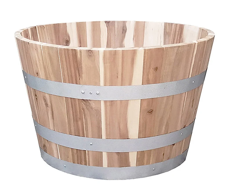 Real Wood Products 16.5 in. H X 26 in. W X 26 in. D Wood Half Wine Barrel Planter Natural