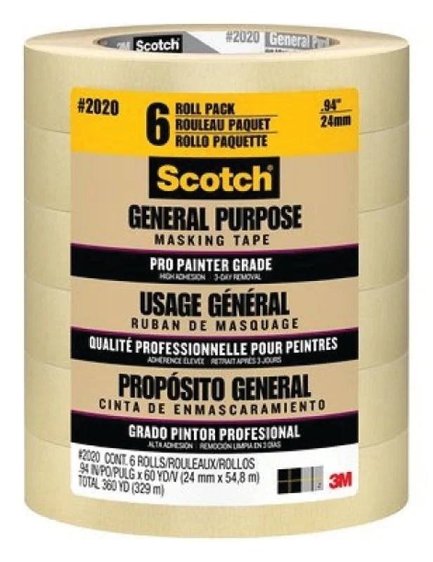 Scotch 2020-24ECP Masking Tape, 60 yd L, 0.94 in W, 0.13 mm Thick, Crepe Paper Backing, Tan