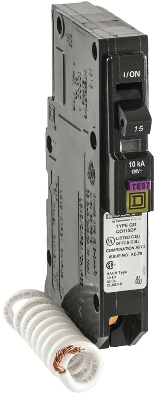 Square D QO115DFC Circuit Breaker, CAFCI, Mini, Plug, 15 A, 1-Pole, 120 V