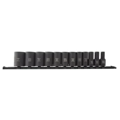SUNEX 12 Piece 3/8 Inch Dive 12pt SAE Semi-Deep Impact Socket Set on Rail