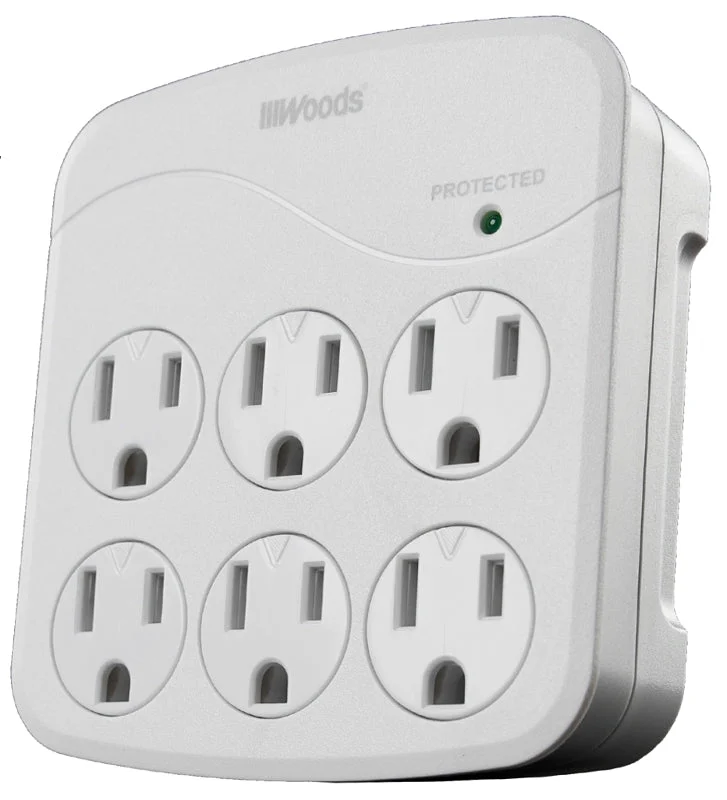 Woods 41076 Surge Protector, 120 VAC, 15 A, 6-Outlet, 1440 J Energy, White